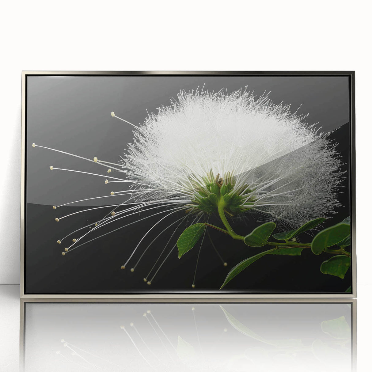 Framed wall art featuring a vibrant tropical flower design with intricate botanical details, displayed in a stylish silver frame, perfect for home decor.