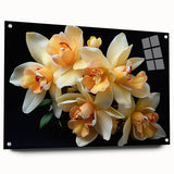 Tropical floral wall art collection featuring vibrant botanical designs displayed in a sleek acrylic frame, highlighting its colorful petals and lush greenery. Perfect for enhancing modern home decor.