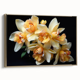 Framed canvas wall art showcasing a vibrant tropical floral design in gold tones, perfect for home decor, adding a touch of elegance to any room.