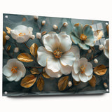 Acrylic glass wall art showcasing a vibrant tropical flower design, featuring intricate botanical details and mounted with decorative pins against a neutral backdrop.