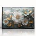 Framed wall art featuring a vibrant botanical tropical flower design, showcasing vivid colors and intricate details, set in a sleek black frame for modern decor.