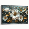 Framed canvas wall art featuring a vibrant tropical flower design with botanical elements, showcasing rich colors and intricate details, ideal for home decor.