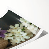 Tropical botanical wall art print showcasing vibrant, colorful flowers with intricate details, designed for interior decoration, rolled for easy framing.