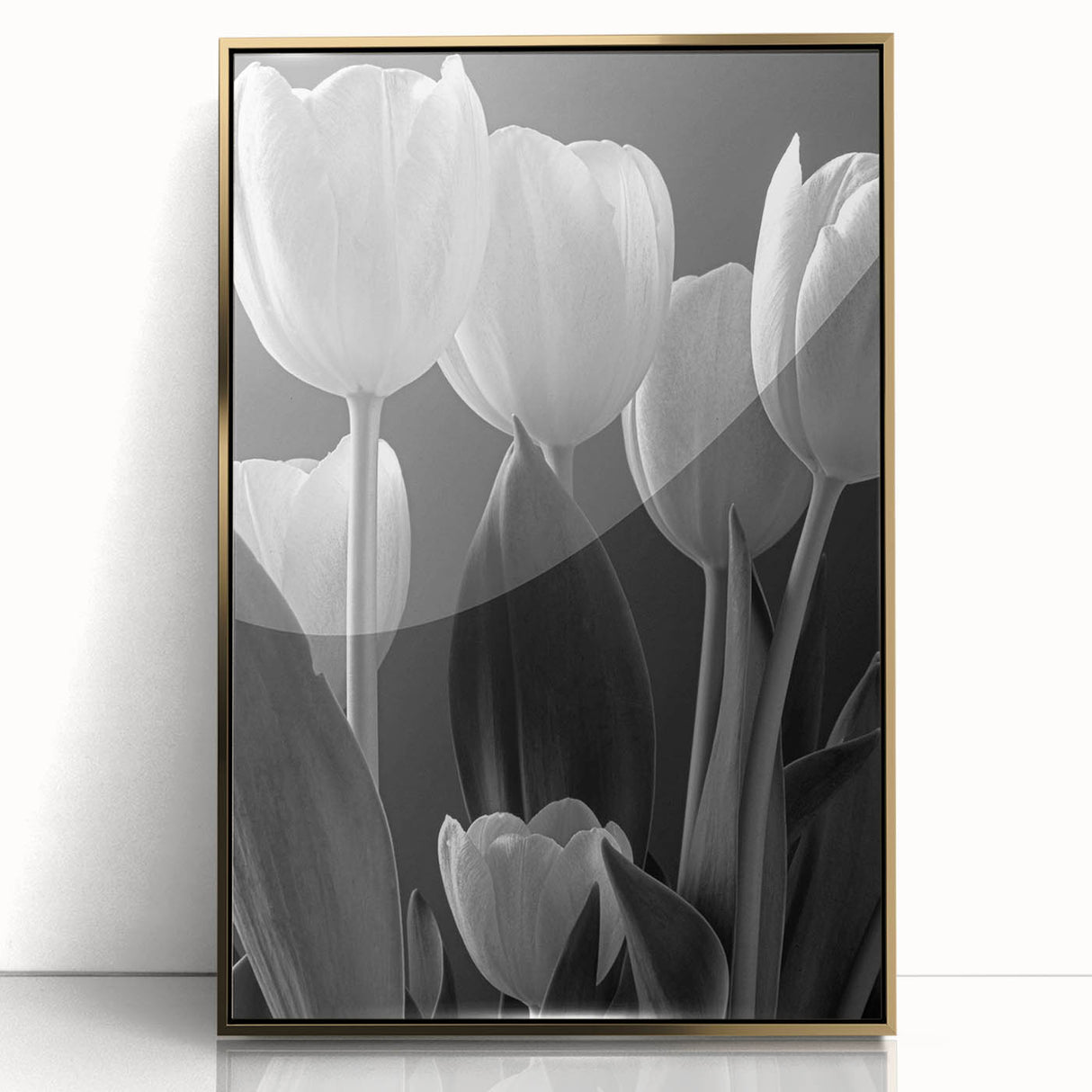 Framed botanical wall art featuring a vibrant tulip design with gold accents, set against a clean white background, ideal for modern home decor.