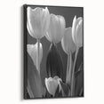 Framed botanical tulip wall art in a sleek black frame, showcasing vibrant flower designs on a canvas, perfect for home decor or art collections.