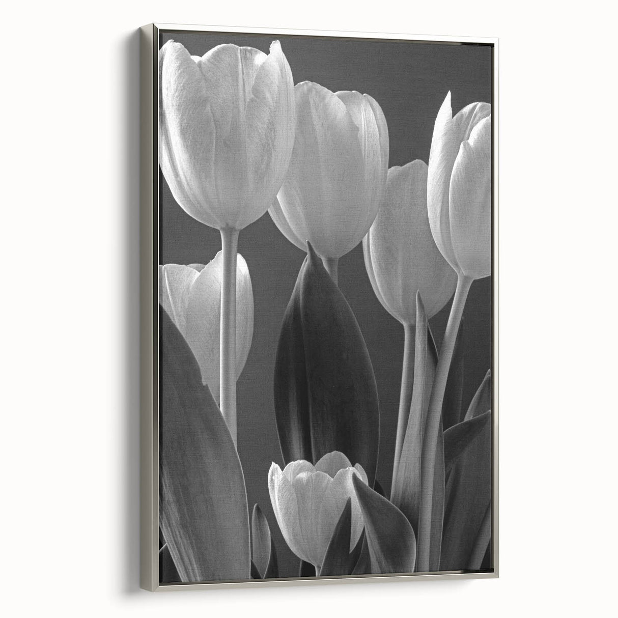 Framed botanical wall art featuring a vibrant tulip design on canvas, set in a sleek silver frame, showcasing a side view that highlights its elegant details.