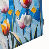 Close-up of a vibrant botanical wall art design featuring colorful tulips set against a sleek acrylic glass background, ideal for home decor and floral enthusiasts.