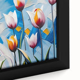 Close-up of a framed canvas wall art print depicting vibrant botanical tulips in a colorful design, showcasing intricate details and rich textures, perfect for home decor.