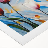 Botanical wall art featuring a vibrant tulip design on rolled canvas, showcasing intricate details and rich colors, perfect for home decor and floral enthusiasts.