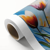 Botanical wall art showcasing a vibrant tulip design on rolled canvas, presented in a protective cardboard tube, ideal for home decor or gifting.