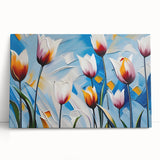 Stretched canvas wall art featuring a vibrant botanical tulip design, showcasing rich colors and intricate floral details, perfect for enhancing home decor.