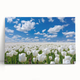 Stretched canvas wall art featuring a vibrant botanical tulip design, showcasing intricate floral details and rich colors against a neutral background, perfect for enhancing any decor.