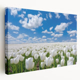 Stretched canvas showcasing a vibrant botanical tulip design with rich colors, elegantly framed, highlighting intricate floral details and textures in a contemporary setting.