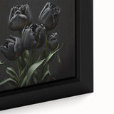 Close-up of a vibrant floral canvas wall art featuring a botanical tulip design, framed beautifully to enhance any decor with its elegant colors and intricate details. Perfect for adding a touch of nature to living spaces.