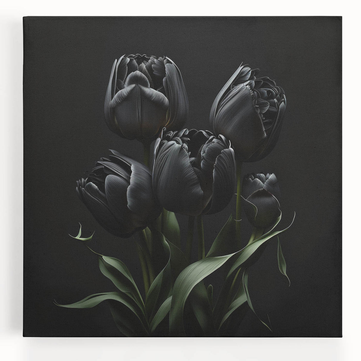 Stretched canvas wall art featuring a botanical tulip design in vibrant colors, showcasing delicate floral details against a soft backdrop, perfect for home decor.