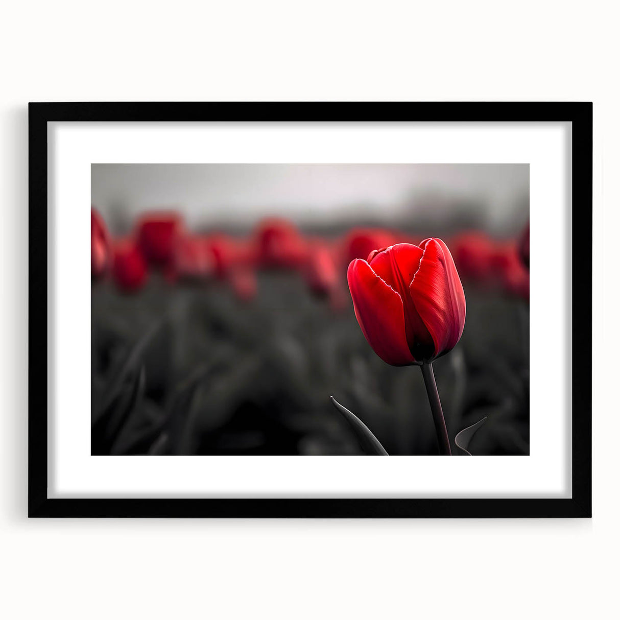 Black-framed botanical wall art featuring a vibrant tulip design, displayed with a mat for added elegance, ideal for enhancing home decor with floral aesthetics.