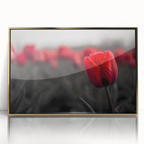 Framed botanical wall art featuring a vibrant tulip design in gold-accented acrylic, ideal for modern home decor, showcasing floral elegance and sophistication.