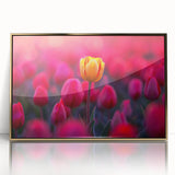 Framed botanical wall art featuring a vibrant tulip design in shades of pink and yellow, set in an elegant gold frame, perfect for modern home decor.