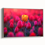 Framed canvas wall art featuring a botanical tulip design with intricate details in shades of pink and green, showcased from a silver side view, perfect for home decor.