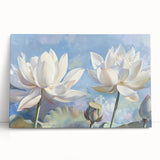 Elegant botanical wall art featuring a vibrant water lily design on stretched canvas, showcasing rich colors and intricate details, perfect for home decor.