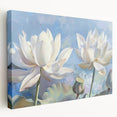 Stretched canvas artwork showcasing a vibrant botanical water lily design, featuring rich greens and delicate pinks, perfect for enhancing home decor with a natural touch.