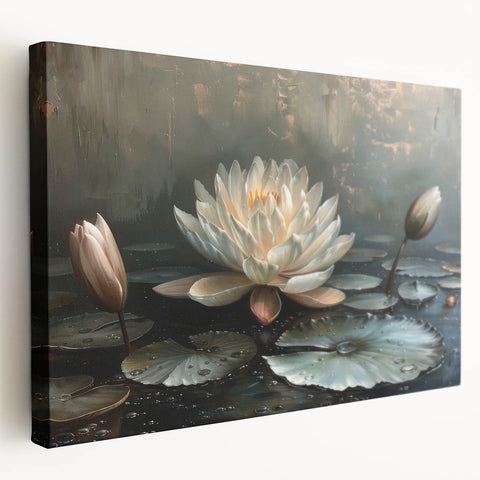 Stretched canvas wall art showcasing a vibrant botanical design of water lilies, featuring rich colors and intricate details, perfect for enhancing home decor.