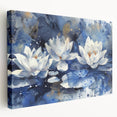 Stretched canvas showcasing a botanical water lily design, featuring vibrant colors and intricate details, ideal for enhancing home decor and art collections.