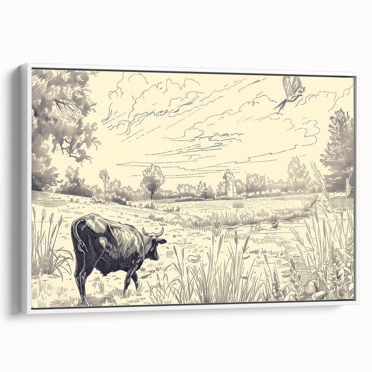 Cow in Nature Illustration Art Print – Tranquil Farm Landscape Decor