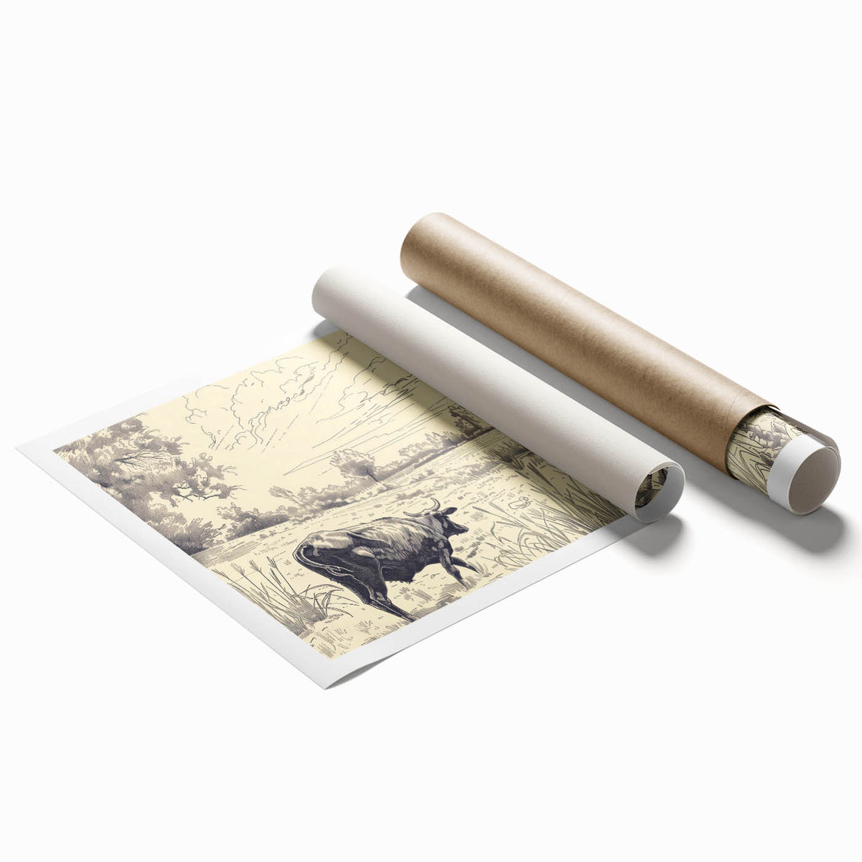 Cow in Nature Illustration Art Print – Tranquil Farm Landscape Decor