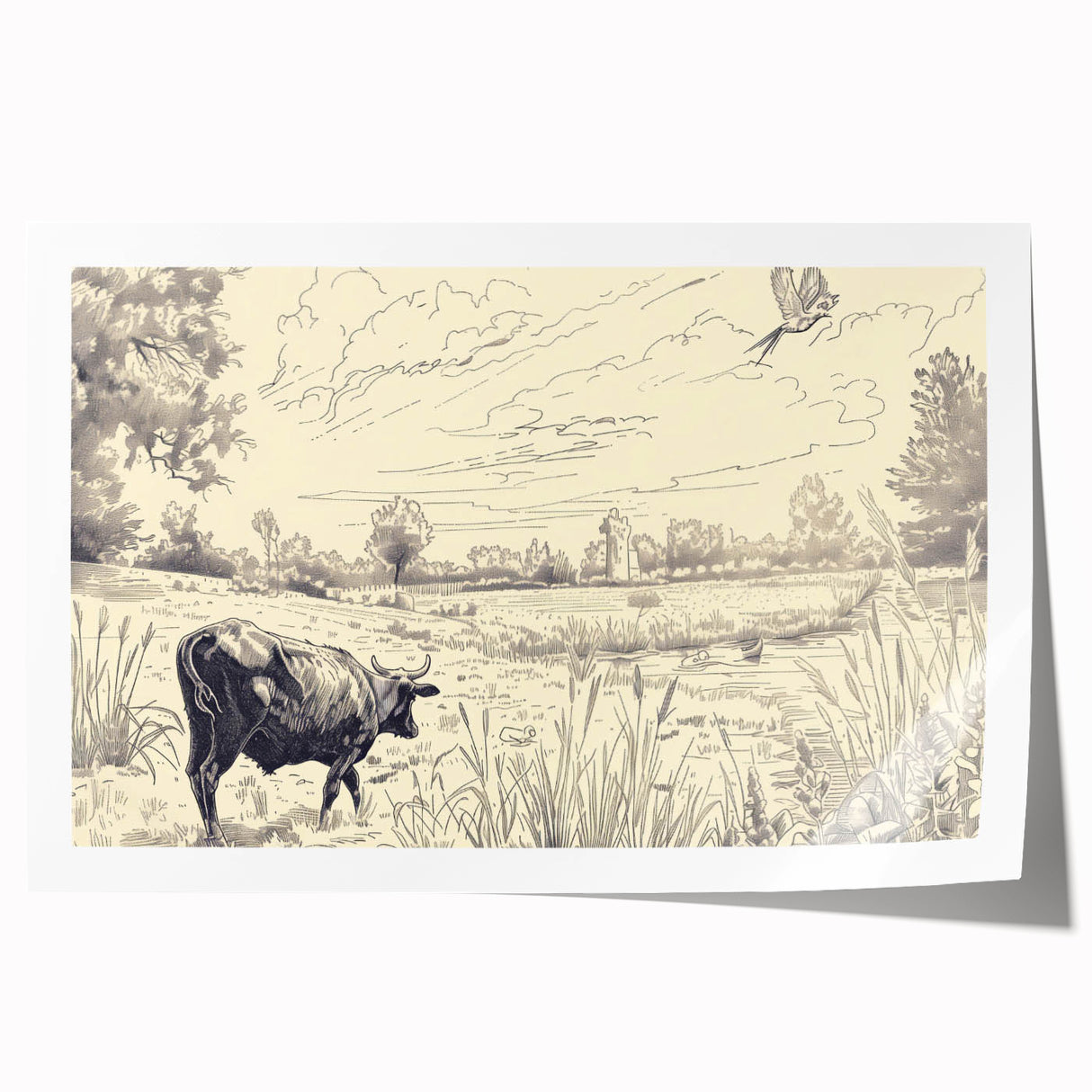 Cow in Nature Illustration Art Print – Tranquil Farm Landscape Decor