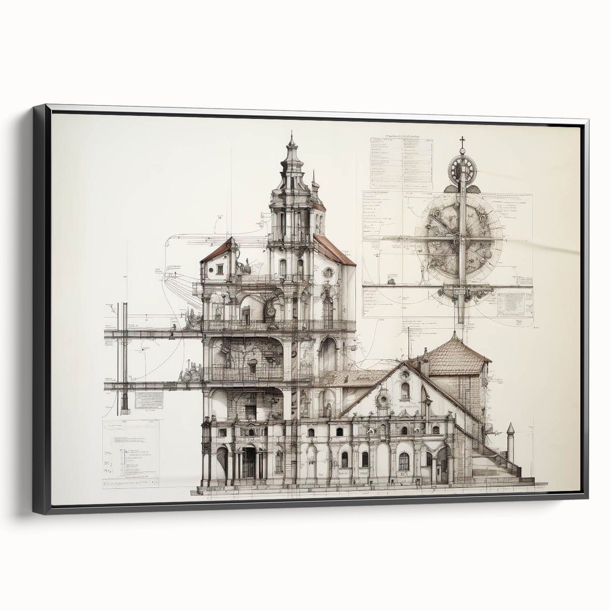 Black and white vintage poster art of an architectural landscape on framed canvas, ideal for bedroom wall decor.