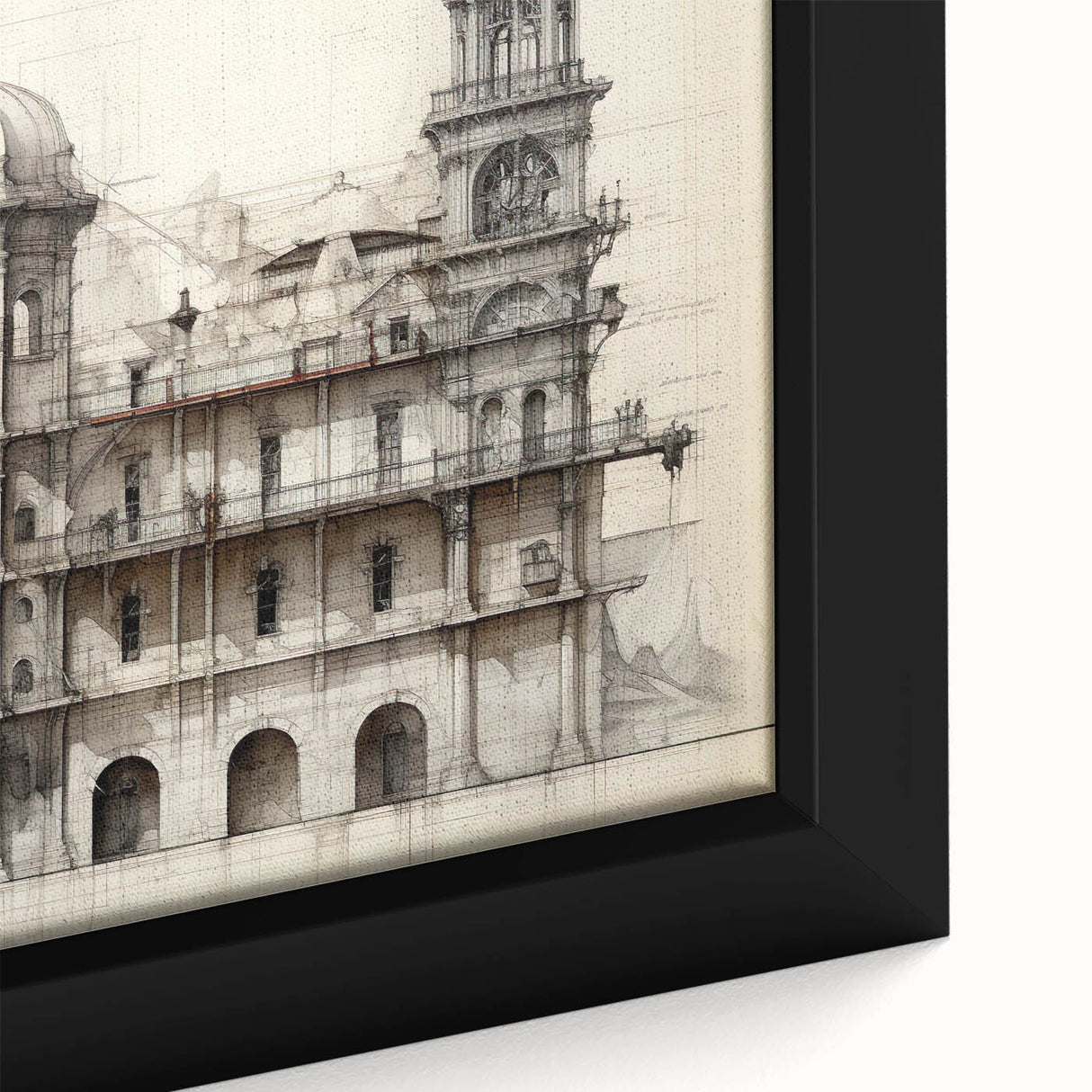 Black wall art featuring a colorful, textured architectural design on a large framed canvas, ideal for living room decor.