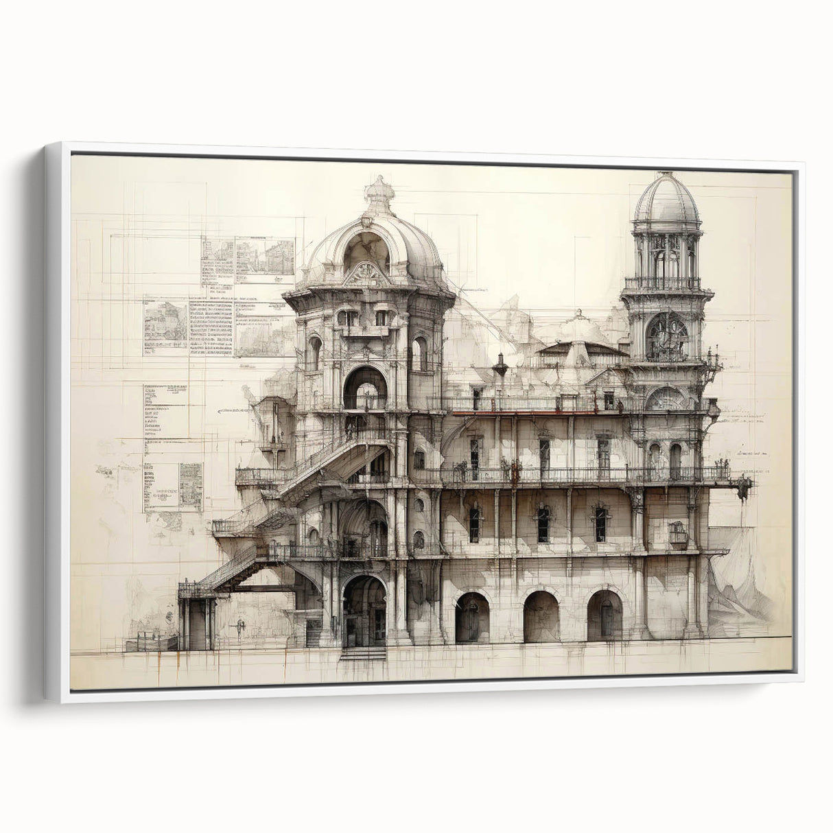 Vintage poster art of architectural design on framed canvas, featuring colorful elements against a black background.