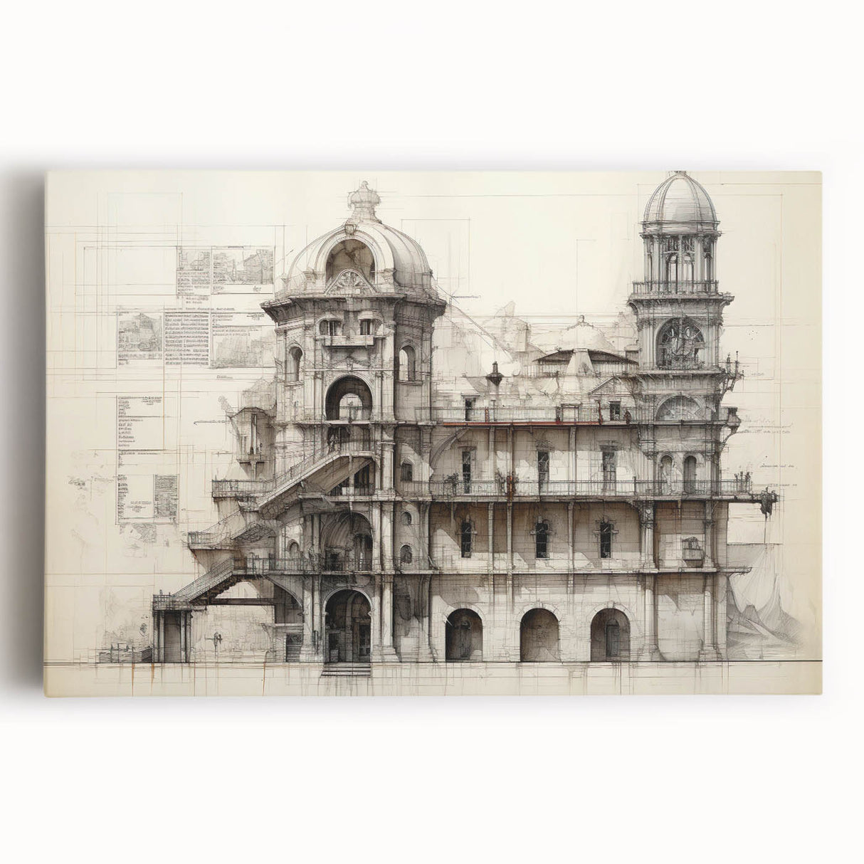 Large black and white architectural illustration on stretched canvas, ideal for kitchen wall art.