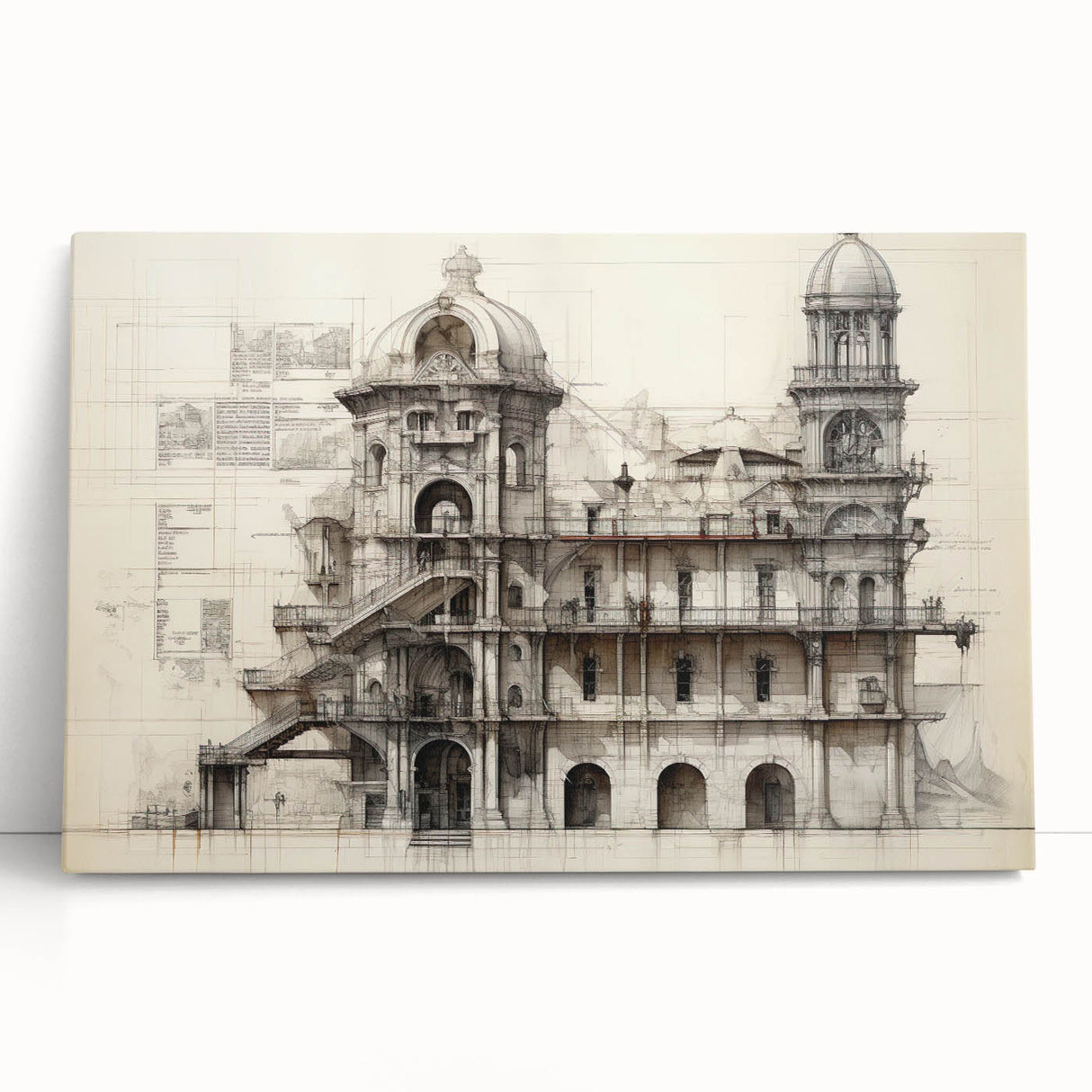 Black and white architectural sketch on stretched canvas, ideal for kitchen wall art or bedroom ambiance.
