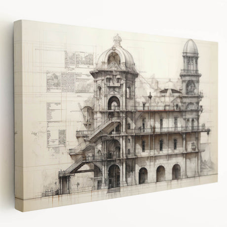 Architectural design illustration in muted earth tones on a large stretched canvas, suitable for kitchen wall art.
