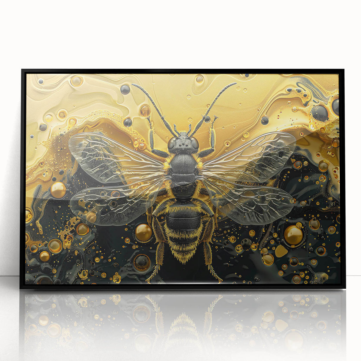 Framed wall art featuring a detailed design of bees and arachnids in vibrant colors, set in a sleek black frame, ideal for nature enthusiasts and insect lovers.