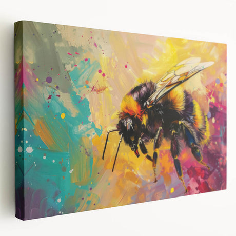Stretched canvas wall art featuring a vibrant bee and arachnid design, showcasing intricate details and vivid colors, ideal for nature enthusiasts and home decor.