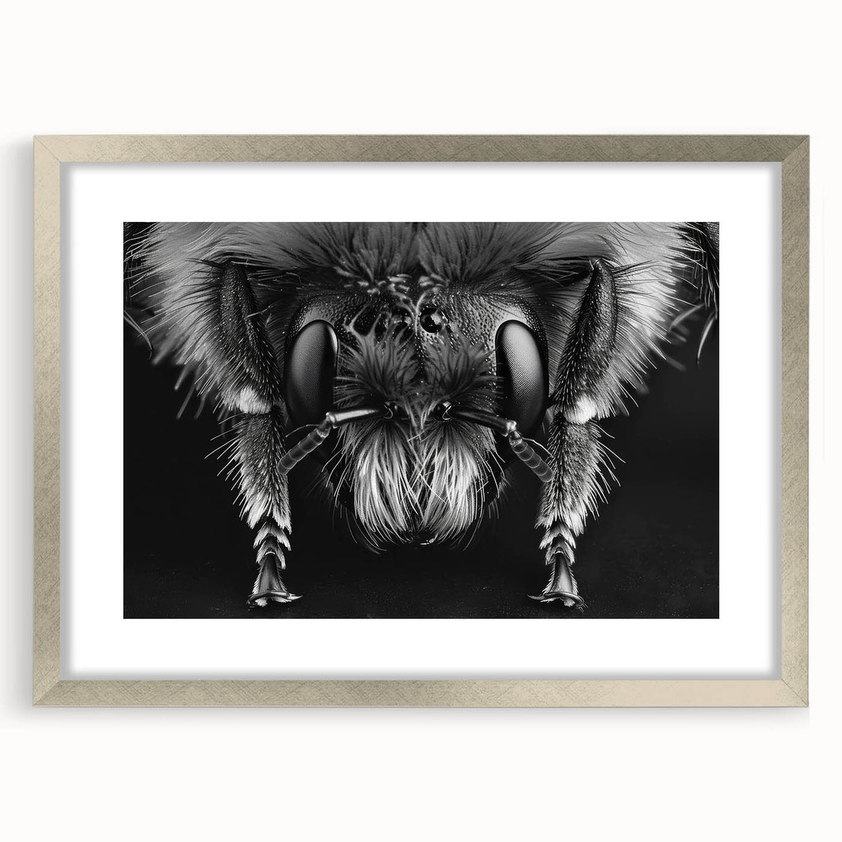 Framed wall art showcasing a detailed design of bees and arachnids, featuring a silver frame and mat, perfect for nature enthusiasts and home decor.