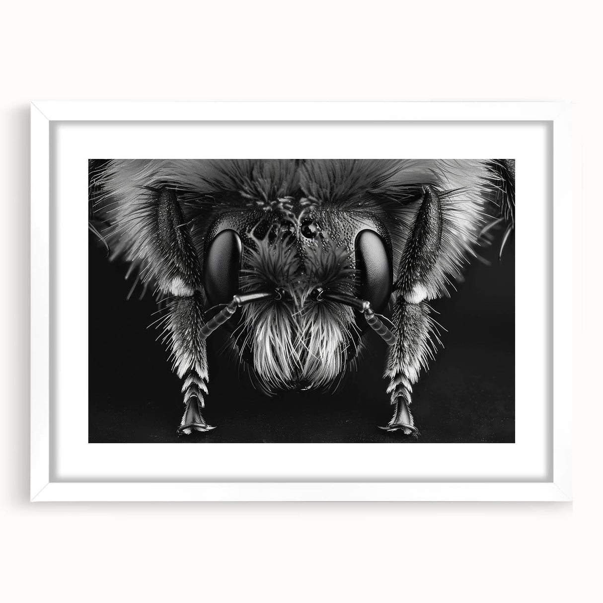 Framed wall art featuring a detailed bee and arachnid design on a white mat, showcasing vibrant colors and intricate illustrations, ideal for nature enthusiasts.
