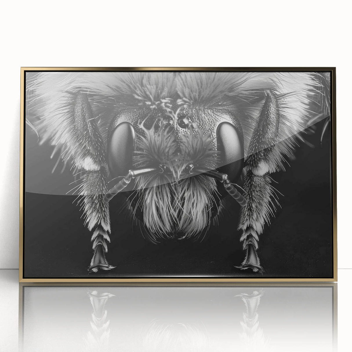 Framed wall art featuring detailed insect and arachnid designs, showcasing bees in a vibrant gold acrylic frame, perfect for nature lovers’ home decor.