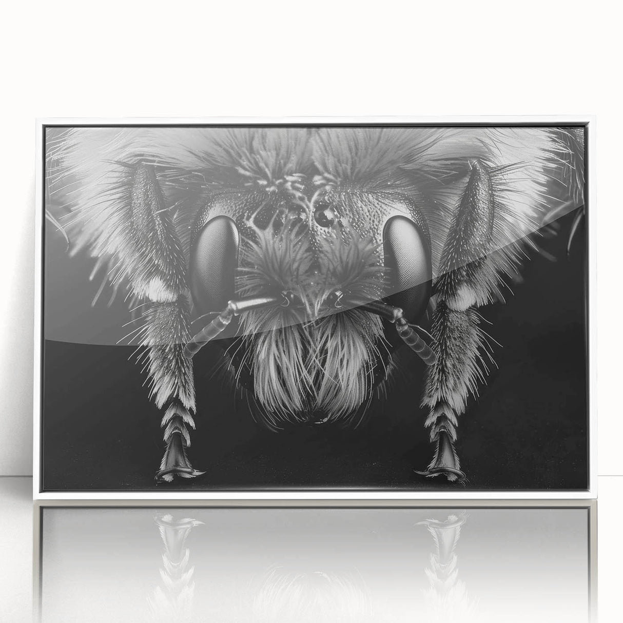 Framed wall art showcasing a detailed insect and arachnid design, featuring bees on a white background, perfect for nature-themed decor.