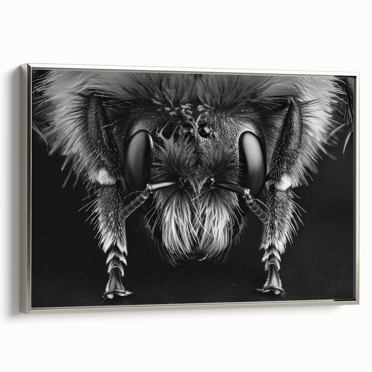 Framed wall art featuring a detailed insect and arachnid design with bees, showcasing a silver frame and vibrant colors, ideal for nature enthusiasts' decor.