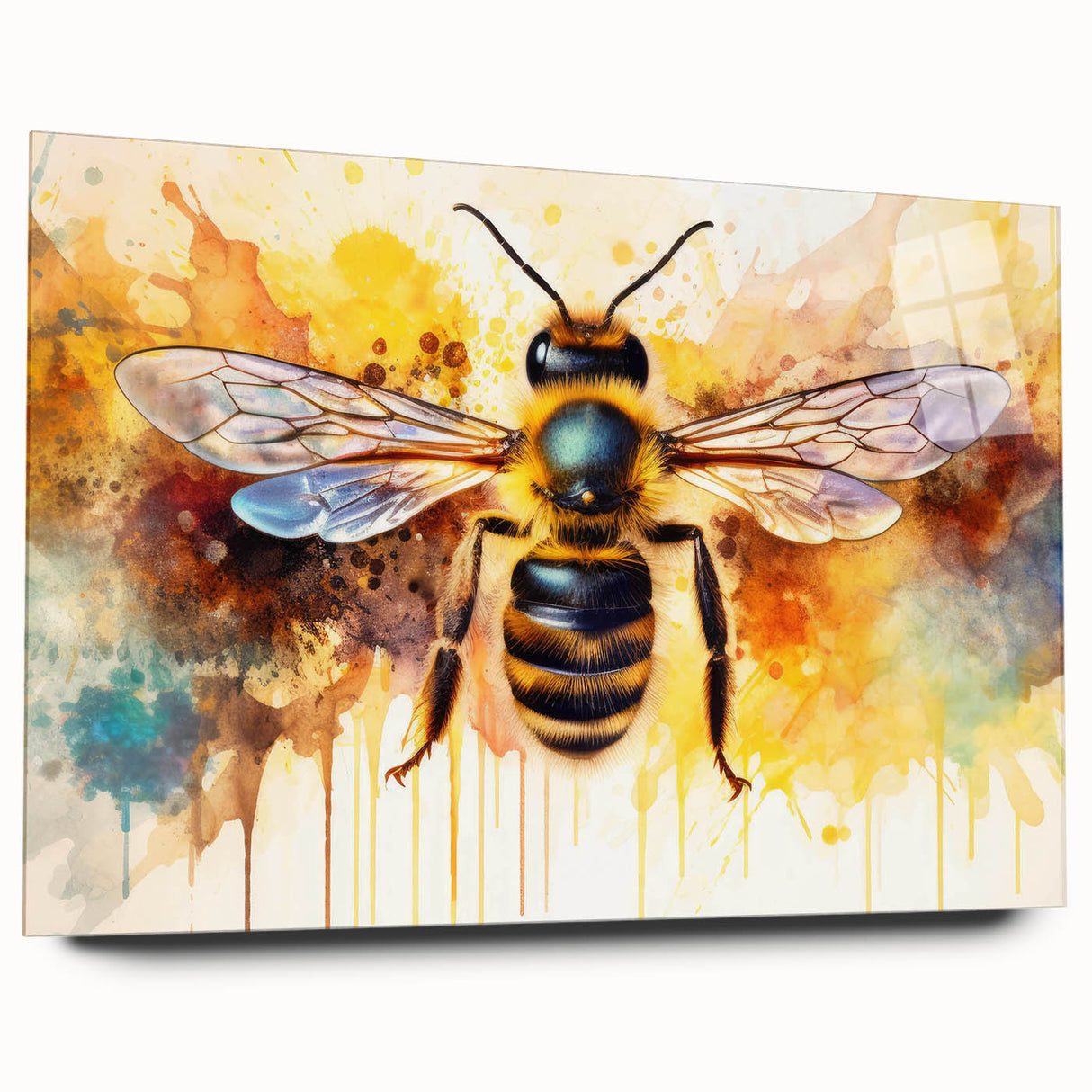 Close-up of a side view of a stunning acrylic glass wall art piece showcasing intricate insect and arachnid bee designs, perfect for nature-inspired decor.