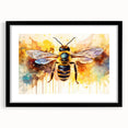 Framed wall art featuring a detailed bee and arachnid design in vibrant colors, set in a sleek black frame with a white mat, ideal for nature enthusiasts.