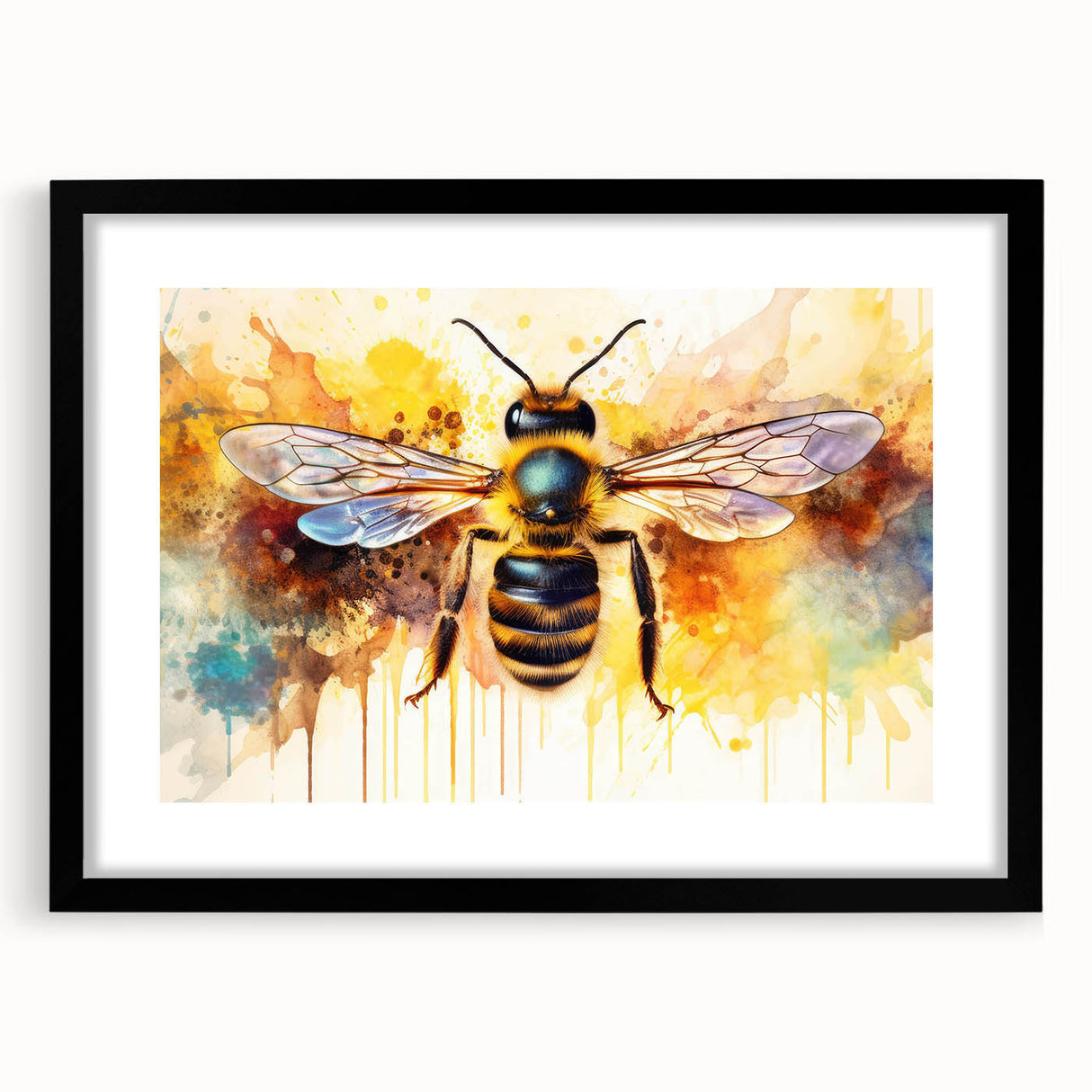 Framed wall art featuring a detailed bee and arachnid design in vibrant colors, set in a sleek black frame with a white mat, ideal for nature enthusiasts.