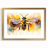 Close-up of a gold-framed wall art piece featuring a detailed illustration of bees and arachnids, highlighting intricate designs and vibrant colors, perfect for nature lovers and home decor enthusiasts.