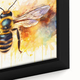 Close-up of a framed canvas wall art piece showcasing a vibrant, detailed illustration of bees and arachnids, highlighting intricate textures and colors on a modern design.