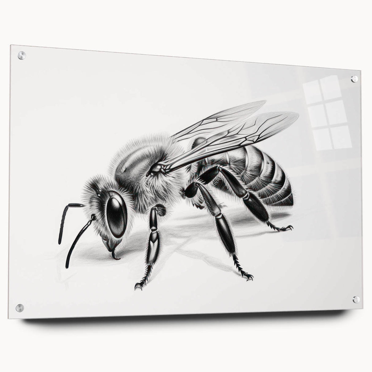 Acrylic glass wall art featuring a detailed bee and arachnid design, elegantly displayed from the side with pins for mounting, perfect for nature-themed decor.