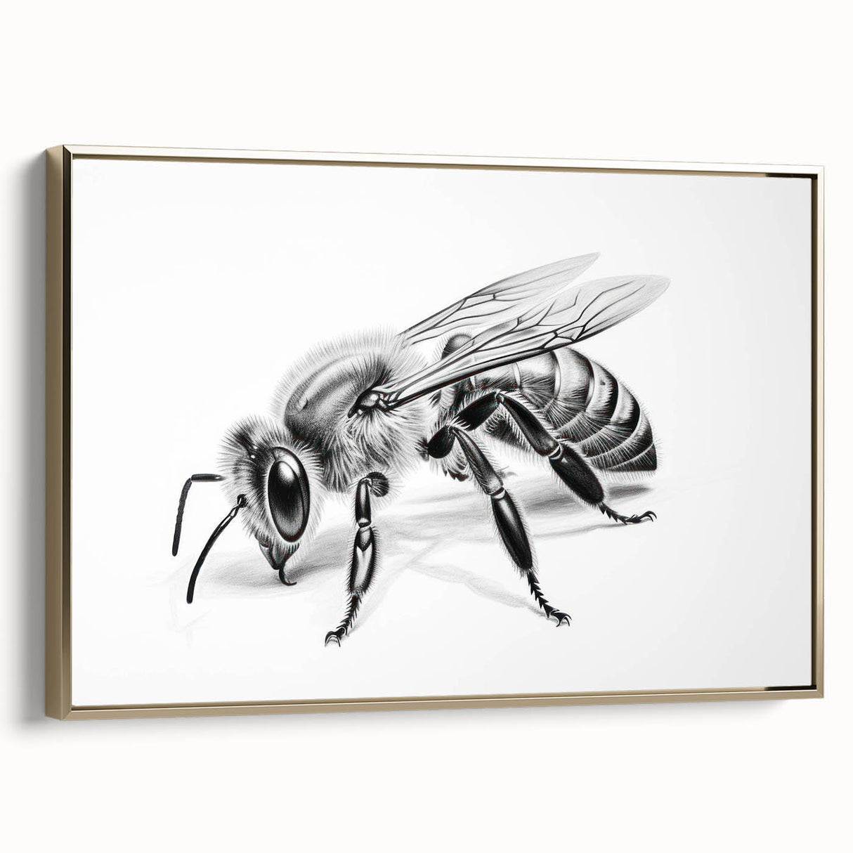Framed wall art showcasing a detailed design of bees and arachnids, featuring a gold frame and a side view perspective, perfect for nature enthusiasts' decor.